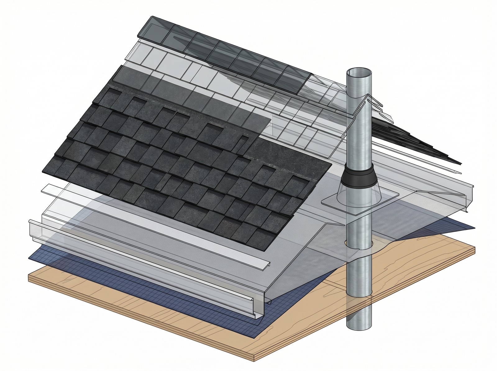 Exploded view of the seven layers of an MJ roof system